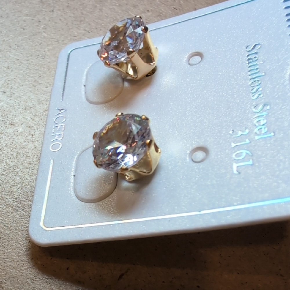 Gold Stainless Steel CZ Stud Earrings